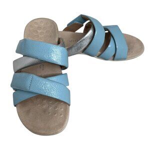 Vionic Womens Adjustable Slide Sandals Size 6 Blue & Silver Leather Footbed Comf